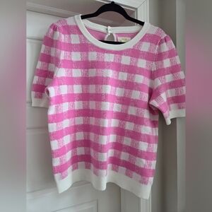 Maeve By Anthropologie Pink and White Plaid Short Sleeve Sweater